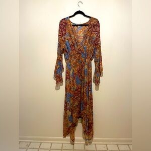 Haani Whimsical Fairy Orange/Blue Asymmetrical Bell Sleeve Maxi Dress. Size 3X